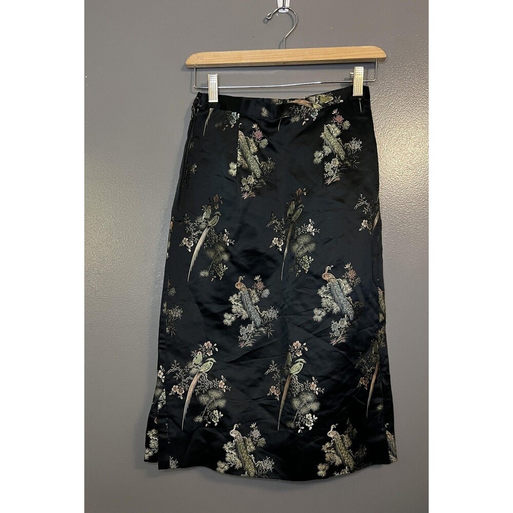 Peacock Print Midi Skirt Womens Medium Black Asian Silk Side Slit Vintage